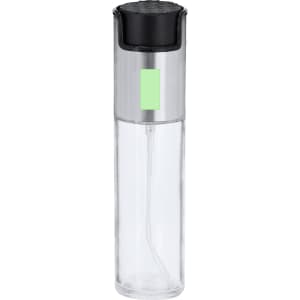 A clear oil sprayer with a black top and a slim design, featuring a logo on the side.