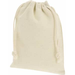 A cream-coloured drawstring bag made of fabric, featuring a simple design with tied ends.