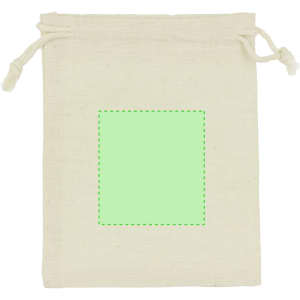 A natural cotton drawstring bag in beige, featuring a blank green square in the centre for custom designs.