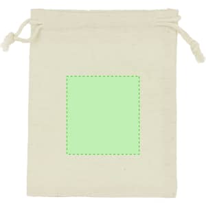 A natural canvas drawstring pouch with a square green placeholder in the centre. Suitable for storage and gifting.