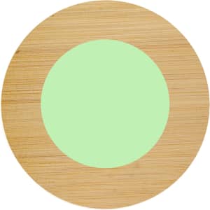 A round coaster set featuring a light green centre with a bamboo outer edge and a logo on the back.