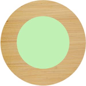 A round coaster featuring a natural bamboo frame and a light green centre. It has a branding logo.