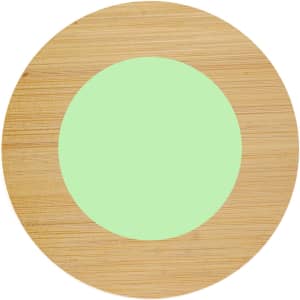 A round coaster featuring a natural bamboo exterior with a mint green centre and a logo.