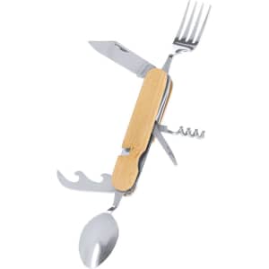 A multi-functional cutlery set with stainless steel utensils and a bamboo handle, featuring a knife, fork, spoon, and bottle opener.