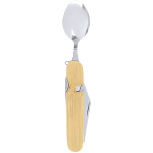A stainless steel spoon with a bamboo handle, featuring a compact design and a foldable mechanism.