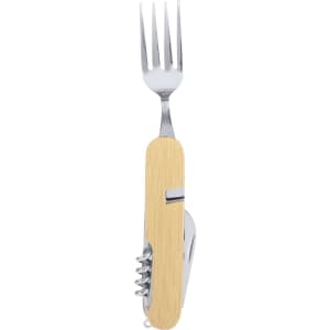 A cutlery set featuring a fork with a stainless steel head and a wooden handle, complete with a multi-tool design.