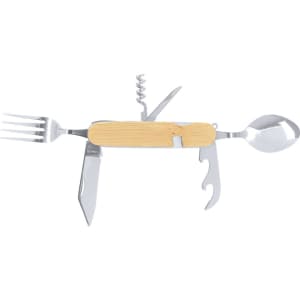 A multi-tool cutlery set with stainless steel utensils, including a fork, knife, spoon, and corkscrew, featuring a bamboo handle.
