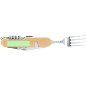 A cutlery set featuring a multi-tool design with a wooden handle and stainless steel fork and corkscrew components.