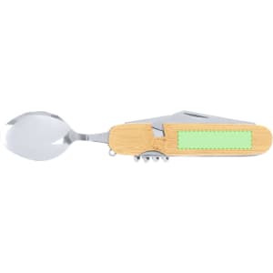 A multi-tool cutlery set with a stainless steel spoon, bamboo handle, and various integrated tools.