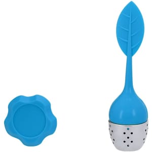 A tea infuser in a leaf shape, featuring blue silicone and a stainless steel base, with a matching flower-shaped rest.