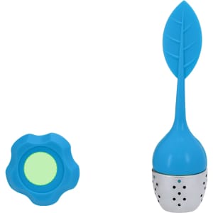 A tea infuser shaped like a leaf in bright blue, with a stainless steel base and a matching silicone lid.