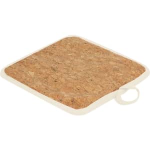A square pot holder in natural cork with a beige border and a loop for hanging.