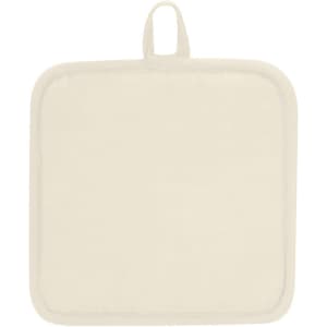 A cream-coloured pot holder with a loop for hanging and a simple design. It features a logo.