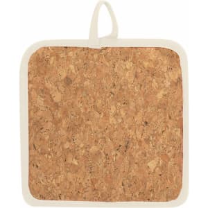 A square pot holder featuring a natural cork surface with a beige border and a hanging loop.
