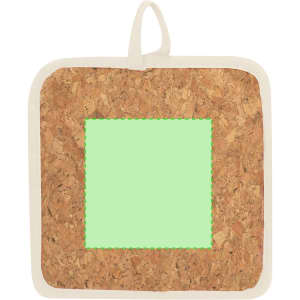 A square pot holder featuring a cork design with a green centre and a beige border. It has a convenient hanging loop.