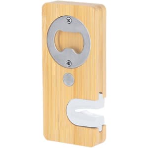 A drink bottle opener and sharpener in a bamboo design with a silver metal opening mechanism and a white hook.