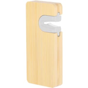 A drink bottle opener sharpener in a bamboo finish with a white opening mechanism and a sleek design.