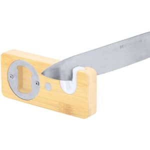A drink bottle opener sharpener made of bamboo and stainless steel, featuring a circular opener and a sleek design.