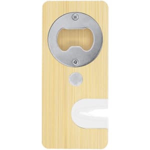 A drink bottle opener with a wooden bamboo finish and a metal bottle cap remover, featuring a white handle.