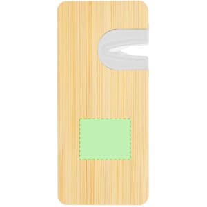 A drink bottle opener sharpener with a bamboo finish and a transparent cutting edge, featuring a blank area for customisation.