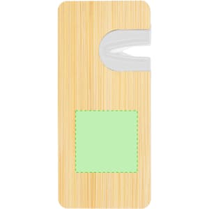 A drink bottle opener featuring a natural bamboo design with a white opening mechanism and a blank section for customisation.