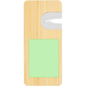 A drink bottle opener and sharpener in a bamboo finish with a white opening and a green space for branding.