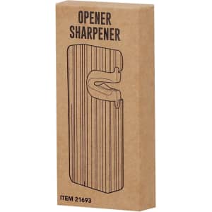 A brown packaging for a bottle opener sharpener, featuring a simple illustration of the product inside. It has a logo.