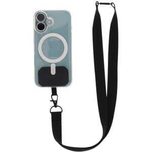 A transparent phone case with a black holder and a black lanyard. Features a circular magnetic attachment.
