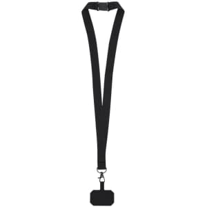 A black lanyard with a clip attachment for holding ID cards or badges. It has a simple, adjustable design.