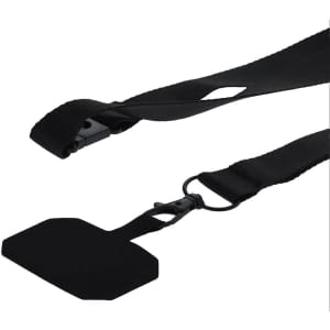 A black lanyard with a flat holder attachment, designed for events and exhibitions. It includes a branding logo.