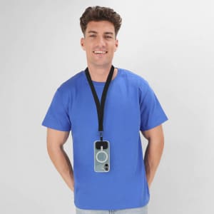 A blue lanyard holder is worn around the neck, displaying a phone case. The lanyard is black and features a logo.