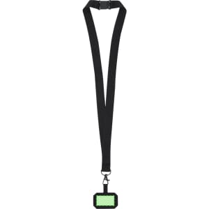 A black lanyard with a rectangular cardholder attached, featuring a logo on the holder.