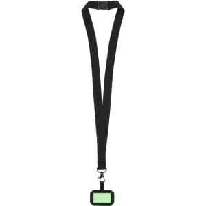 A black lanyard with a green holder for ID or badges, designed for exhibitions and events.