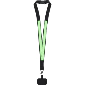 A black lanyard with reflective green strips and a rectangular holder at the end, featuring a logo.
