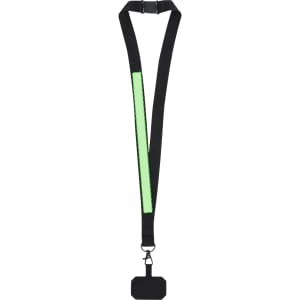 A black lanyard with a reflective green stripe, featuring a clip for attaching a badge or ID holder.