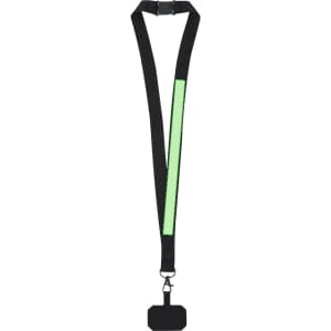A black lanyard with a green reflective strip and a square attachment at the bottom. Features a branding logo.