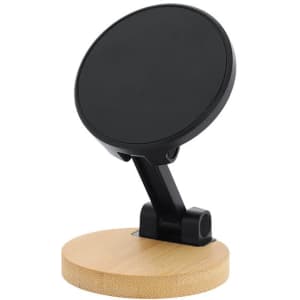 A black phone stand with a round top mounted on a circular bamboo base.