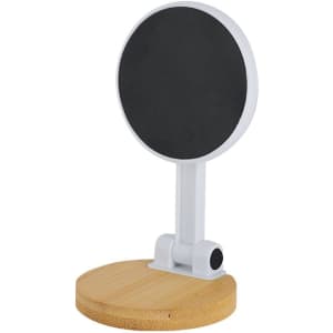 A phone stand featuring a round black top with a white frame and a circular bamboo base. Includes a logo.