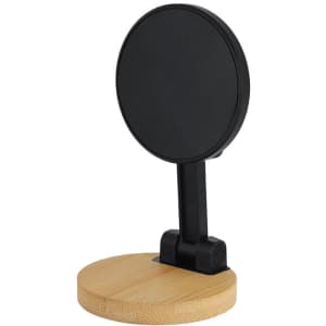 A black phone stand featuring a circular top and a round bamboo base, with a branding logo.