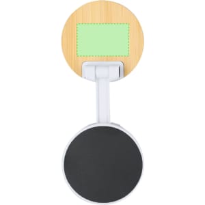 A white phone stand with a round base and a bamboo-like circular top featuring a blank area for customisation.
