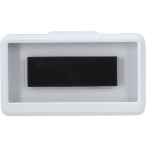 A car phone holder in white with a black interior section for secure phone placement. Features a simple design with a logo.
