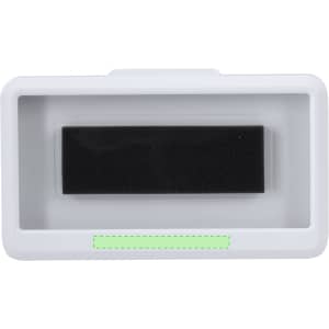 A white car phone holder with a black interior and a green accent, featuring a branding logo.