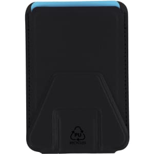 A black card holder stand with a blue accent and a logo at the bottom, designed for holding cards or phones.