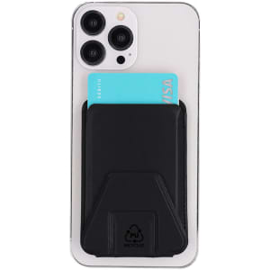 A black card holder stand attached to a smartphone, holding a card, with a simple design and a logo on it.