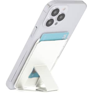 A white phone holder stand with a card slot, displaying a sleek design and a branding logo.