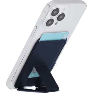 A navy card holder stand attached to a white smartphone, holding a card, displayed at an angle.