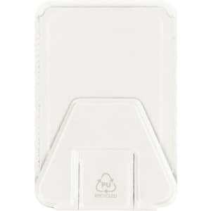 A white card holder stand with a recycled material logo, featuring a sleek design and textured surface.