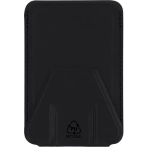 A black card holder stand made from recycled material, featuring a sleek design and a branding logo on the back.