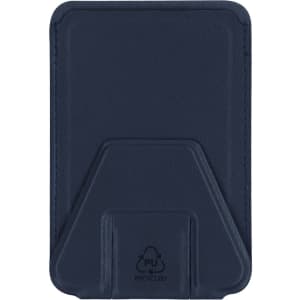 A navy blue card holder stand made of recycled PU material, featuring a simple design with a logo.