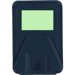 A navy blue card holder stand with a clear ID window and a logo on the bottom.